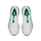 Championes deportivos On modelo Cloud X 5 de color blanco con detalles en verde menta y gris. Presentan capellada de malla transpirable y suela CloudTec con amortiguación Helion.