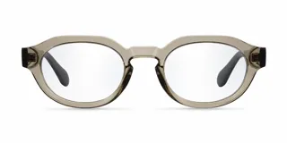 Lentes con armazón geométrico de color gris translúcido y cristales transparentes con tecnología blueblocker.