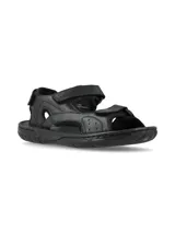 Sandalia negra de cuero con diseño ergonómico, ajuste mediante tiras con velcro y suela de goma antideslizante.