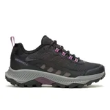 Championes Merrell Speed Strike 2 para mujer, color negro con detalles en violeta y gris. Diseñados para trekking, con capellada sintética y de malla, cordones y correas 100% reciclados, cuello acolchado, talón y puntera protectores, y suela de goma adherente Merrell.