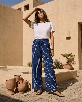 Pantalón de lino rayado, de corte ancho y relajado, con cintura elástica con cordón de ajuste y prácticos bolsillos laterales.