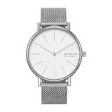 Reloj de pulsera Skagen modelo Signatur con caja de acero inoxidable plateado de 38mm y malla metálica tipo milanesa. Presenta una esfera blanca minimalista con marcadores lineales y puntos, y mecanismo de cuarzo de dos agujas.