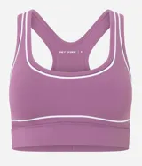 Top deportivo de microfibra con diseño de espalda nadador, escote en U y breteles anchos. Presenta detalles de frisos blancos en contraste y cuenta con copas desmontables.