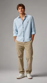 Camisa de jean de manga larga en color celeste claro, con cuello clásico, cierre frontal de botones y bordado pequeño en el pecho.
