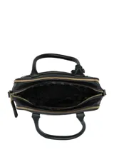 Cartera tipo tote de Hush Puppies en color negro, confeccionada en una combinación de cuero sintético y gamuza. Presenta doble asa de mano, correa ajustable y extraíble para el hombro, bolsillo frontal con cierre y detalle de borla decorativa.