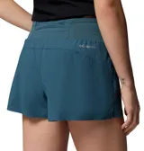 Short deportivo para correr de mujer, color azul, con cintura cómoda, slip elástico integrado y bolsillos, incluyendo uno de seguridad con cremallera.
