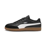 Championes Puma modelo 9-T, de diseño urbano con capellada en color negro, franja lateral característica en blanco y suela de goma color caramelo.