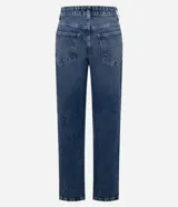 Pantalón de jean con corte recto, tiro medio y cierre frontal con botón y cremallera. Cuenta con bolsillos laterales y traseros, además de trabillas para cinturón.