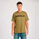 Remera verde militar de algodón con logo de Caterpillar estampado en negro en el pecho.