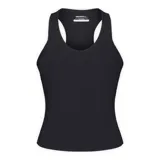 Musculosa deportiva negra con sujetador incorporado, diseño estilo nadadora, suave y elástica.