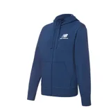 Campera azul marino con capucha y cierre frontal completo. Logo de New Balance estampado en blanco en el pecho. Cuenta con bolsillos laterales y está confeccionada en tejido de rizo francés.