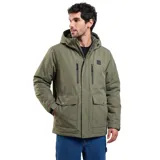 Campera técnica con capucha, color verde militar, con cierre frontal y solapa, bolsillos superiores con cierre y bolsillos inferiores con solapa y botón. Diseño acolchado con logo de la marca en el pecho.