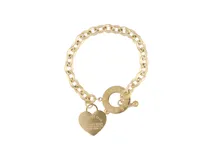 Pulsera dorada de acero con dije de corazón con la inscripción 'Above all else, guard your heart, for everything you do flows from it'.