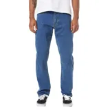 Pantalón de jean azul, de corte recto, con cinco bolsillos y calce amplio en muslo y rodilla.