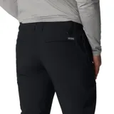 Pantalón técnico de corte recto, color negro, diseñado para actividades al aire libre. Cuenta con rodillas articuladas, múltiples bolsillos funcionales, incluyendo uno de seguridad con cremallera, y trabillas multifuncionales para cinturón. Fabricado con tecnología repelente al agua y protección solar.