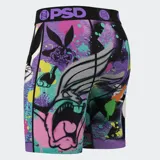 Calzoncillos bóxer estampados con Bugs Bunny y diseño de grafitis en tonos violeta, turquesa, rosa y amarillo.