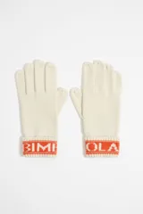 Guantes de punto color crudo con puños acanalados en color naranja con logo de la marca.