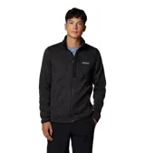Campera polar Columbia con cierre frontal completo, cuello alto y bolsillo con cierre en el pecho. Presenta un diseño jaspeado en tonos oscuros y el logo de la marca aplicado en el pecho.