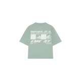 Remera oversize verde menta de manga corta, con cuello redondo y gran estampado gráfico blanco en la espalda.