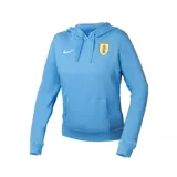 Buzo con capucha y bolsillo canguro, color celeste claro, con puños y ruedo acanalados. Presenta el logo de la Asociación Uruguaya de Fútbol (AUF) bordado en el pecho izquierdo y el logo de Nike en el pecho derecho.