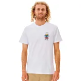 Remera blanca de algodón con cuello redondo y manga corta. Estampado pequeño en el pecho con el logo de Rip Curl y un diseño de sol, olas y montañas.