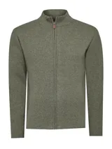 Sweater de punto con cierre frontal completo y cuello alto, confeccionado en una mezcla de lana, viscosa, poliamida y cashmere. Presenta un diseño de textura acanalada fina y corte regular.