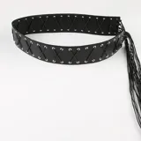 Cinto faja negro de cuero sintético con cordones cruzados y flecos.