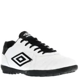 Championes de fútbol Umbro modelo Touch TF, color blanco con detalles en negro. Presentan el logo de la marca en el lateral, cierre con cordones y suela de goma diseñada para césped sintético.