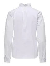 Camisa blanca de manga larga con cuello alto fruncido y tapeta de botones frontal adornada con volantes verticales.