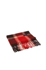 Bufanda de tejido suave con diseño de cuadros en tonos rojos, marrones y beige, terminada con flecos en los extremos.