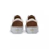 Championes Vans modelo Old Skool Stackform con plataforma alta. Presentan un diseño multicolor en tonos crema, terracota y marrón, confeccionados en una combinación de lona y gamuza. Incluyen la icónica banda lateral de la marca y cordones blancos.
