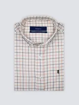 Camisa de hombre clásica de manga larga, confeccionada en 100% algodón, con diseño de rayas verticales en tonos azul, celeste y blanco, cuello abotonado y bordado sutil en el pecho.