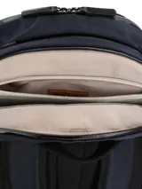 Mochila de poliéster reciclado azul navy RKF, impermeable, con múltiples compartimentos, bolsillos con cierre, espacio acolchado para laptop, espalda ergonómica y detalles en cuero sintético con el logo de la marca.