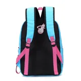 Mochila urbana con diseño inspirado en el equipo de básquetbol Miami Heat. Presenta una combinación de colores negro, turquesa y rosa, con el logo del equipo estampado en la parte posterior. Cuenta con correas ajustables acolchadas y compartimentos para organización.
