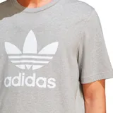 Remera Adidas Adicolor Classics Trifolio de color gris melange, confeccionada en algodón, con cuello redondo, mangas cortas y el clásico logo del Trifolio y la marca estampados en el centro del pecho en color blanco.