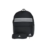 Mochila Adidas negra con tres rayas horizontales blancas en la parte superior y logo de Adidas en la parte inferior. Incluye un estuche pequeño con cierre y logo de Adidas.