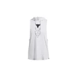 Musculosa deportiva gris con capucha y cordones ajustables. Presenta un diseño sin mangas con sisas amplias, bolsillo canguro frontal y estampado gráfico vertical de tres cabezas de toro. Confeccionada en tejido de mezcla de algodón.