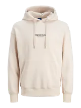 Canguro color beige con capucha, cordones ajustables, bolsillo tipo canguro y puños y cintura acanalados. Estampado con texto en el pecho.