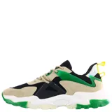 Championes urbanos de diseño robusto, combinando paneles de gamuza sintética y malla en color negro. Presentan detalles en azul vibrante en los laterales y la suela, con una entresuela blanca de plataforma y suela de goma translúcida azul.