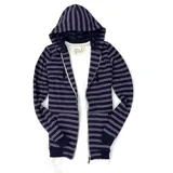 Campera con capucha a rayas horizontales violetas y azul marino, con cierre frontal y bolsillos laterales. Confeccionada en algodón.