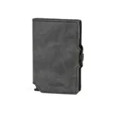 Billetera delgada de cuero sintético color gris oscuro/negro, con mecanismo de eyección para tarjetas y cierre a presión. El nombre "BALEINE" está grabado en la parte inferior frontal.