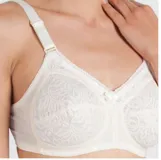 Soutien reductor clásico color blanco con copas reforzadas sin aro, breteles anchos regulables, espalda reforzada y detalle de encaje en las copas.