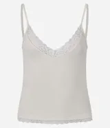 Blusa de tirantes finos confeccionada en tejido rib de viscosa, con escote en V decorado con detalle de encaje a tono.