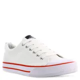 Championes urbanos Topper modelo Derby, color blanco con suela de goma blanca y detalles de líneas rojas en el contorno. Presentan cierre con cordones y puntera reforzada.