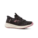 Championes deportivos Skechers Hands Free Slip-ins Relaxed Fit: Edgeride - Impression, color negro con detalles en rosa. Fabricados con materiales reciclados y veganos, capellada de punto elástico, cordones elásticos fijos, plantilla Skechers Air-Cooled Memory Foam y suela de tracción flexible.
