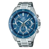 Reloj cronógrafo Casio Edifice de acero inoxidable plateado, con esfera azul y bisel a juego. Cuenta con subesferas, indicador de fecha y brazalete metálico de eslabones.