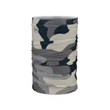 Cuello tubular Buff Coolnet Uv con estampado de camuflaje en tonos grises, blanco y negro.