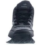 Championes deportivos Topper modelo Candun CS, de corte medio, color negro con detalles en gris oscuro. Presentan capellada con texturas combinadas, cierre mediante cordones y suela de goma blanca con base negra.