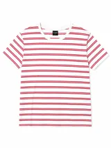Remera blanca de manga corta con patrón de rayas horizontales rojas, cuello redondo y calce clásico.