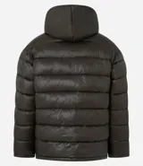 Campera puffer verde militar para hombre, con capucha, cierre frontal, bolsillos con cremallera y forro de sherpa.